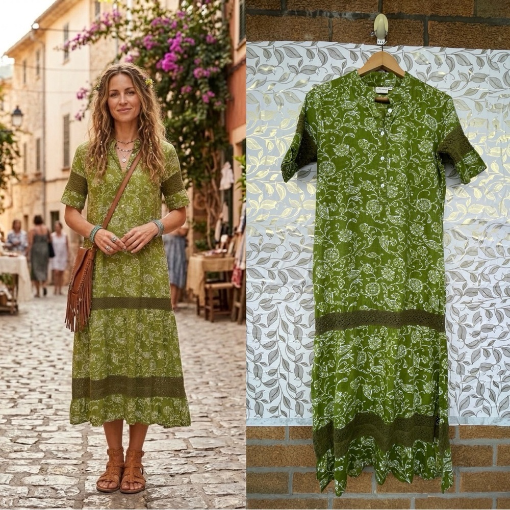 Julia Amory Olive Green Floral Block Print Maxi Dress | Cottagecore Aesthetic S